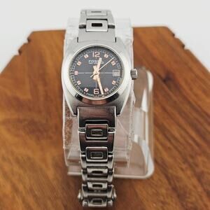 Fossil Women's Silver Tone Boyfriend Watch Black Rose Gold Calendar Dial AM-3913